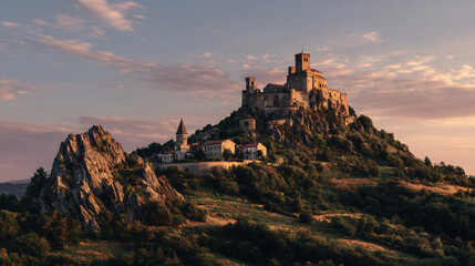 Fototapeta premium Majestic medieval castle and ancient village perched on a rugged hill, bathed in the warm, golden light of sunrise or sunset.