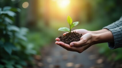 A small seedling rests gently in cupped hands, bathed in soft sunlight, showcasing a hopeful connection to the earth.