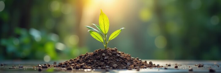 A vibrant young plant sprouts from fertile soil, bathed in the warm sunlight of a beautiful outdoor setting.