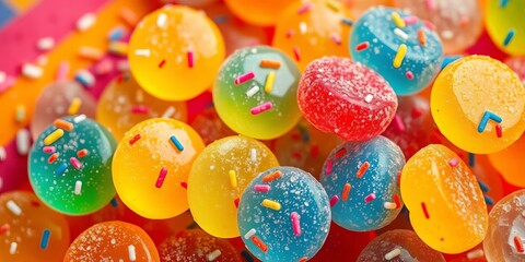 Fototapeta premium Rainbow jelly candies coated in colorful sugar sprinkles against a sour rainbow candy background, rainbow candy, dessert background