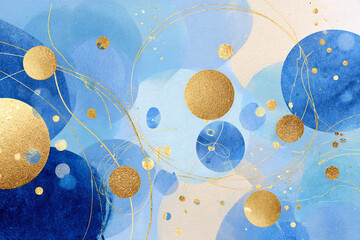 抽象的な水彩画、青と金色の円、エレガントな背景