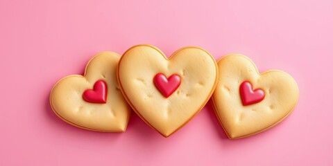 Obraz premium Three heart-shaped cookie cakes on pink background, studio shot, sweet treat, confectionery
