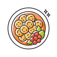 Round dish with dumplings or pasta, topped with fruit