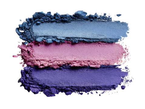 Three horizontal swaths of crushed eyeshadow pigments in shades of blue and pink,  against a black background