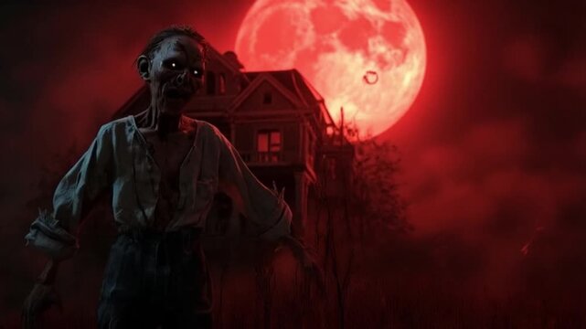 Zombie figure in front of a house with a large red moon in the background during the night time halloween zombie video
