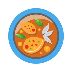 Flat vector illustration of colorful soup bowl on black background