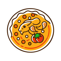 Cartoon style pizza with rabbit and tomato toppings isolated