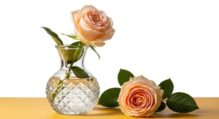 Naklejka premium Two delicate peach roses in a crystal vase with one rose lying on a yellow surface, isolated on white background