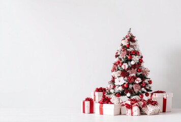 Festive Christmas tree with red and white ornaments and gifts against a white background, creating a holiday ambiance