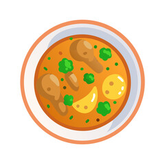 Flat vector illustration of chicken soup in white bowl