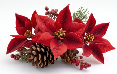 Poinsettias with pine cones, and berries form a festive arrangement against a clean, bright white background