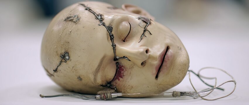 A disfigured and sutured mannequin head rests on a white surface, wired with tubes and showing signs of wear and repair