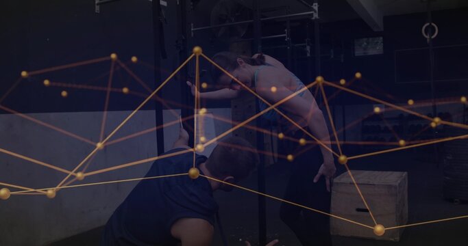 Trainer guiding client in sportswear stretching hamstrings with squat rack bar at gym, data overlay