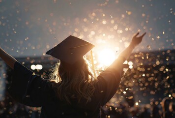 A graduate in cap and gown with arms raised celebrates with confetti in bright golden light, from the back