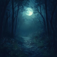 Fototapeta premium Dreamlike woodland glowing in silver moonlight high resolution picture