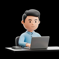 3D Cartoon Model Man Siting on a laptop