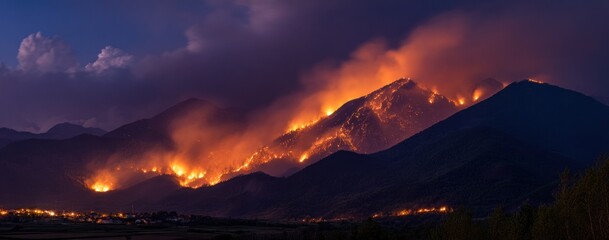 Fiery nightscape Mountains ablaze, flames climbing towards dark skies under gathering clouds. Village lights glow faintly at the base