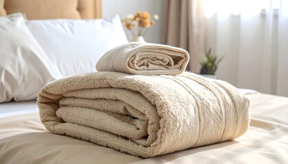Folded blankets on a bed in a beige bedroom