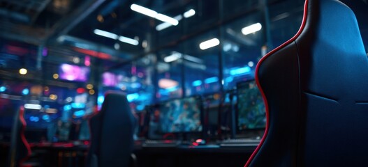 Gaming arena with rows of computers, illuminated with neon hues, focused on a chair, with blurred background showing gaming in progress