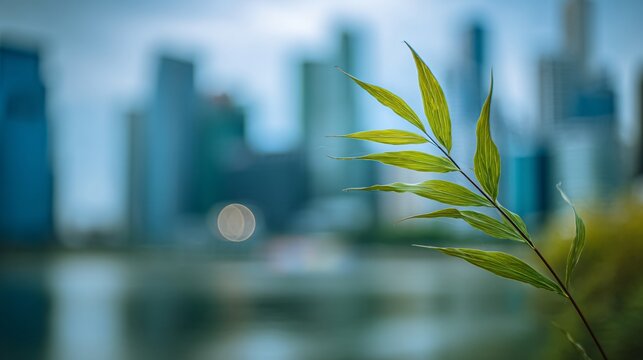 Green leaf stalk contrasts with blurred cityscape creating a serene and modern visual atmosphere.