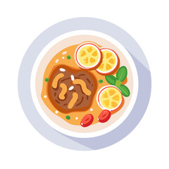 Overhead flat lay of delicious soup garnished with fruit
