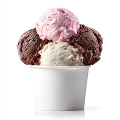 Ice cream in a white paper cup scoops of chocolate, vanilla, and strawberry. Isolated on white background