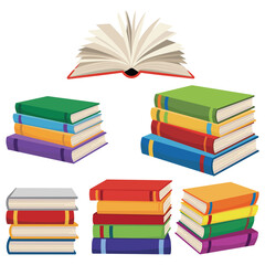 Colorful Stacks of Books and Open Book Illustration for Education and Knowledge Concepts Library Study Reading Learning School Supplies