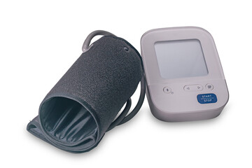 The compact and easy to use digital blood pressure monitor isolated on white background with...