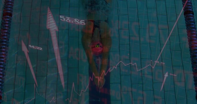 Swimmer wearing swimsuit and swim cap pushing off in competition pool, with lane ropes, graphics