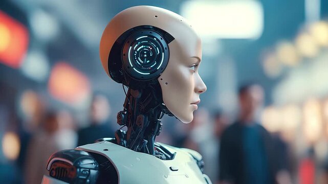 A realistic humanoid robot from the side. The details of its mechanical body are visible, but at the same time it has a human face, which creates a striking combination of technology and humanity. The