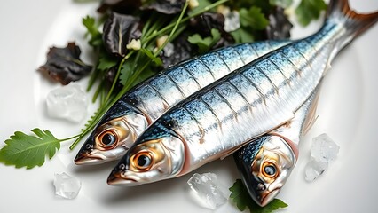 Glistening, jewel-like sardines and dark leafy greens on a white plate with crystalline structures of calcium.