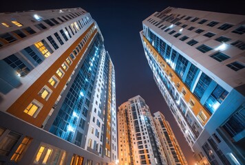 Worm's-eye view of tall buildings against a dark night sky. Yellow accents adorn the exteriors