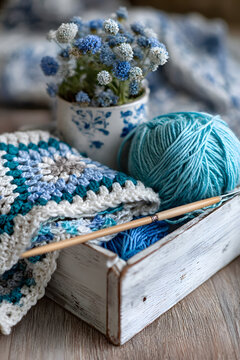 blue and white wool with granny square and crochet hok in box with flowers noric style