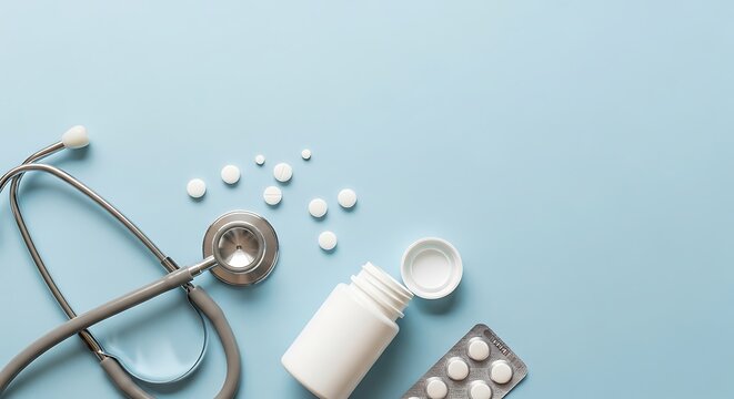 Medical still life: stethoscope, pills, and medicine bottle on blue background. - Powered by Adobe