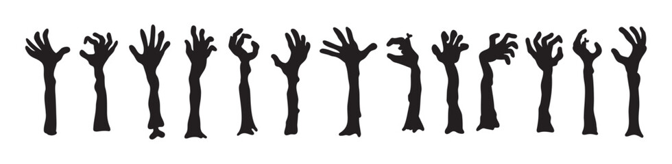 Obraz na płótnie Canvas Zombie hands silhouettes. Halloween decor. Set doodle zombie hand