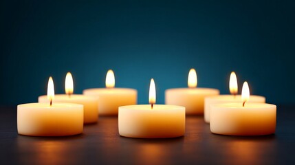 A serene arrangement of lit candles glowing softly against a dark blue background, creating a warm and calming atmosphere.