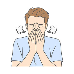 Illustration of a man sneezing with hands covering his face