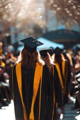 A crowd of graduates walking in gowns & caps during a ceremony, viewed from behind, lit with warm sunlight