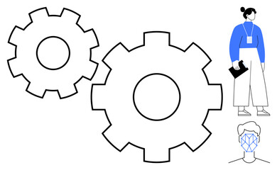 Two gears representing processes and systems. Person holding a clipboard symbolizing analysis and workflow. Wireframe face indicating AI. Ideal for technology, automation, innovation, collaboration