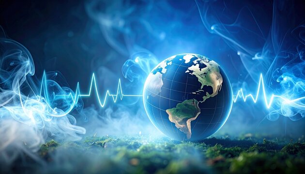 Abstract Globe with Heartbeat Sound Fading into Smoke and Atmospheric Blue Hues Captivating the Essence of a Moment