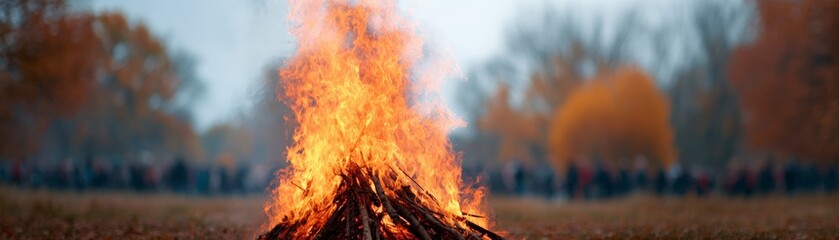 A vibrant bonfire crackles in a field, surrounded by a blurred crowd, with autumn foliage creating a warm, inviting atmosphere.