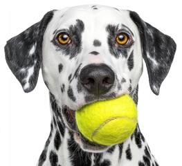 A Dalmatian dog holds a yellow tennis ball in its mouth, against a white background