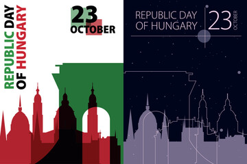 Naklejka premium Hungary Republic Day poster pack. Vector illustrations with Budapest city skyline and landmarks shape for holiday card, print, event, brochure. Modern template
