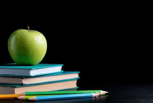 A green apple sits atop a stack of three books, with colored pencils lined at the bottom, set against a stark black background