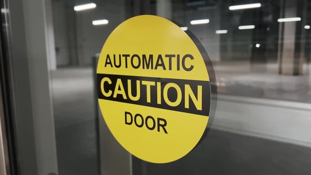Close-up of a yellow circular caution sign with text on a glass automatic door with an empty industrial space visible in the background. Yellow warning sign on automatic door