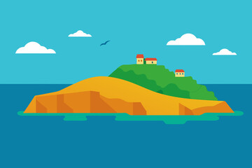 Flat design illustration of a small island with houses and a bird in the sky