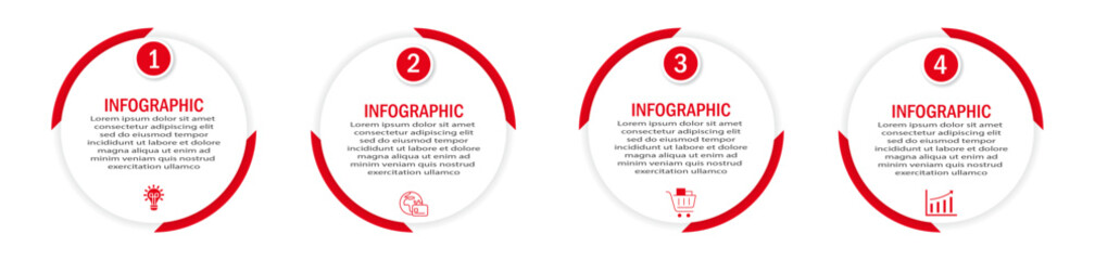 Business infographic with circular white diagram and 90-degree two side red border | Marketing representation with 4 steps or option with timeline and icon web, presentation