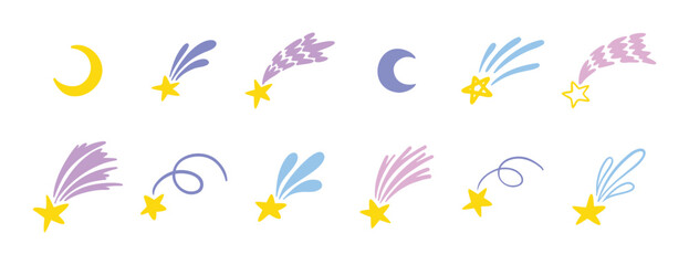 shooting stars doodle set. stars and moon isolated vector childish naive hand drawn cartoon illustration