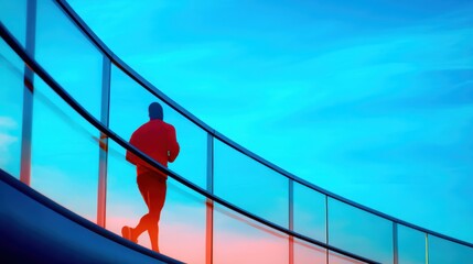 Silhouette of a person jogging along a curved glass railing against a vibrant blue sky at sunset