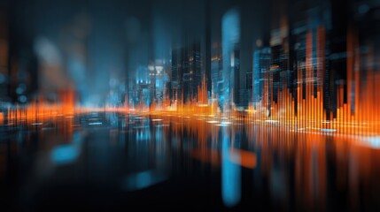 Abstract cityscape with blurred orange and blue lights reflecting in a dark foreground, creating a futuristic vibe